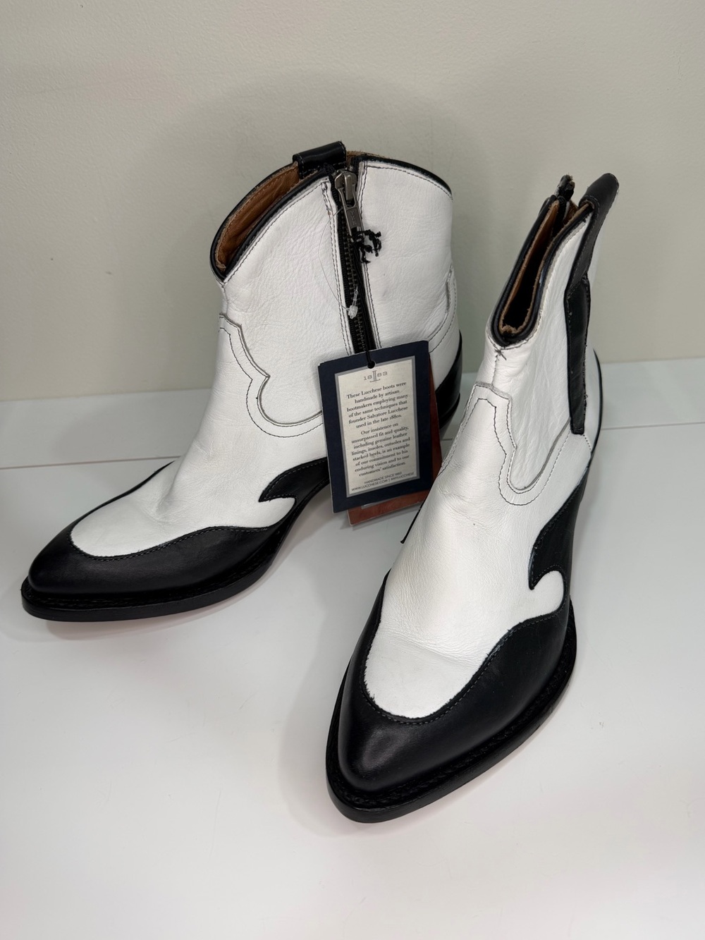 Lucchese Black & White Leather Western Cowboy Ankle Boots NWT Size 9 B